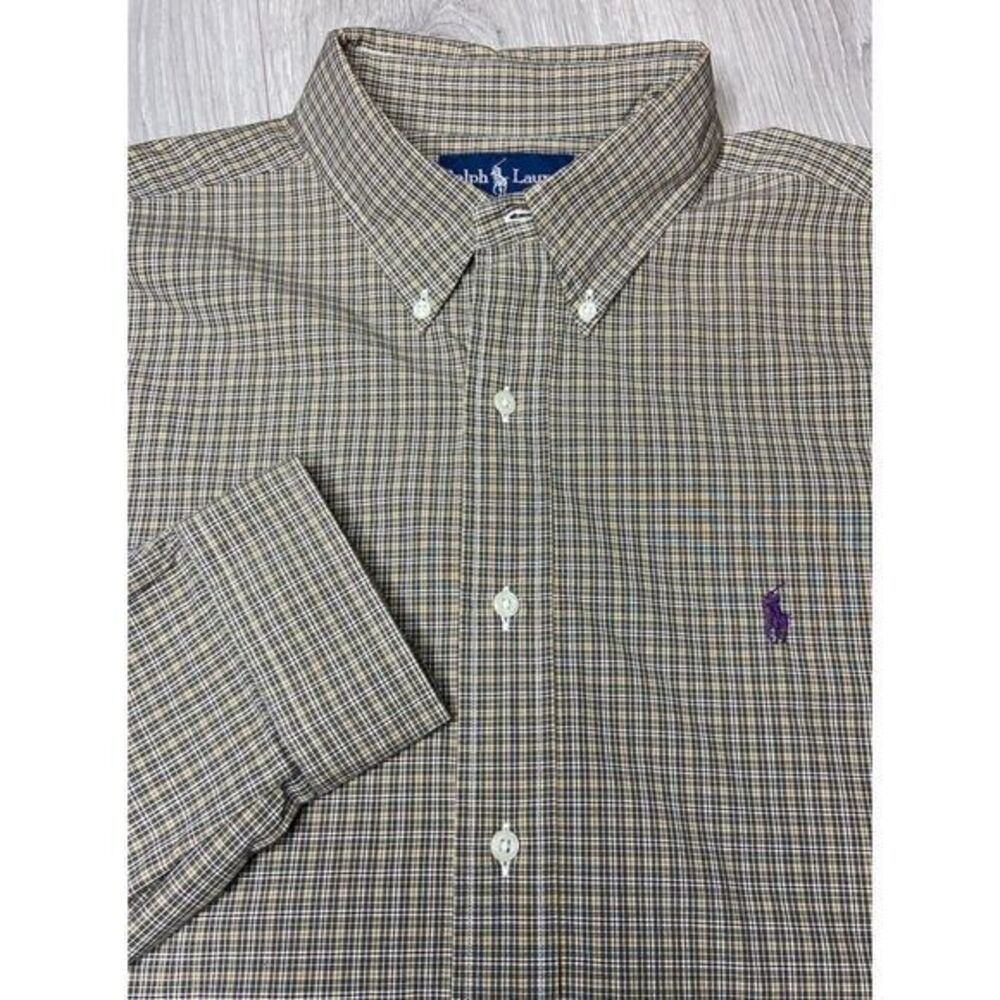 Ralph Lauren Classic Fit Polo Brown Check Plaid 100% Cotton Mens XL Long‎ Sleeve